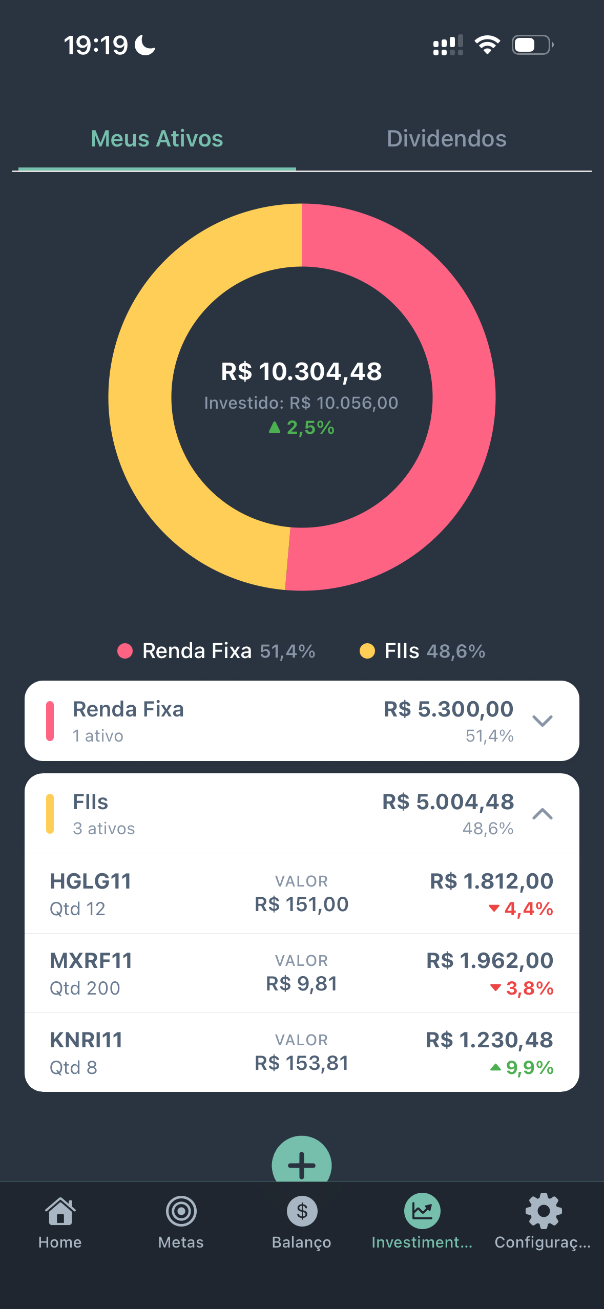 Tela de Investimentos do Moosy